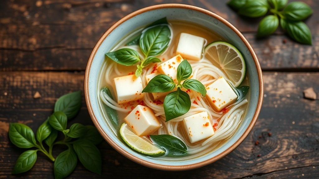 Vegan Basil and Tofu Noodle Soup