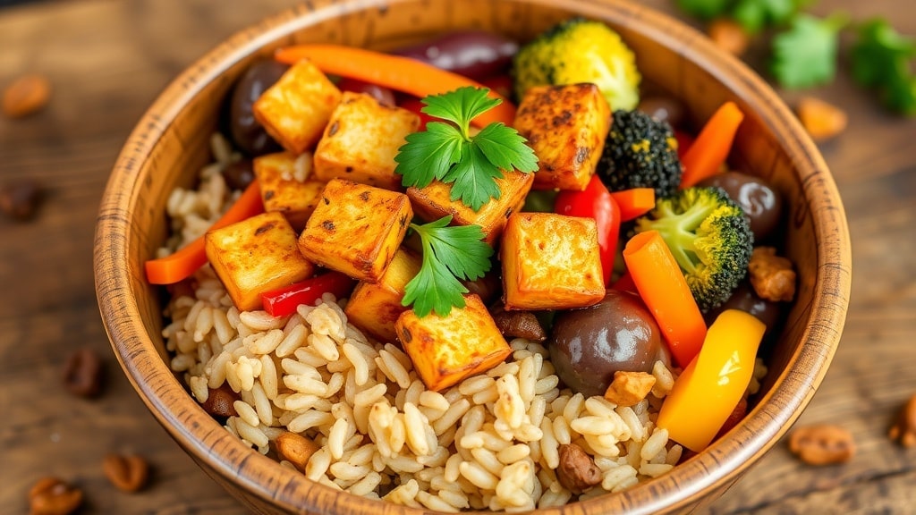 Vegan Brown Rice and Roasted Tempeh Bowl